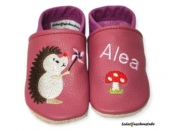Lederpuschen altrosa-flieder mit Namen (rosa) Pilz Igel Windmuehle (rosa-flieder)